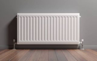 Radiator, Wood Floor, Grey Wall Background, 3d Illustration